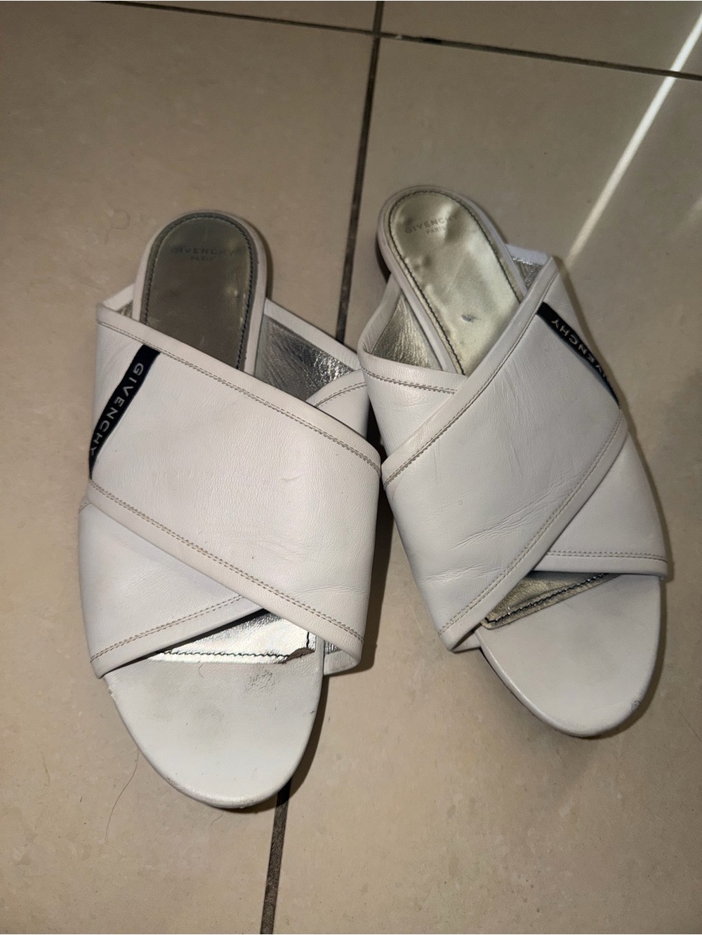 Givenchy White Crisscross Leather Slide Mules